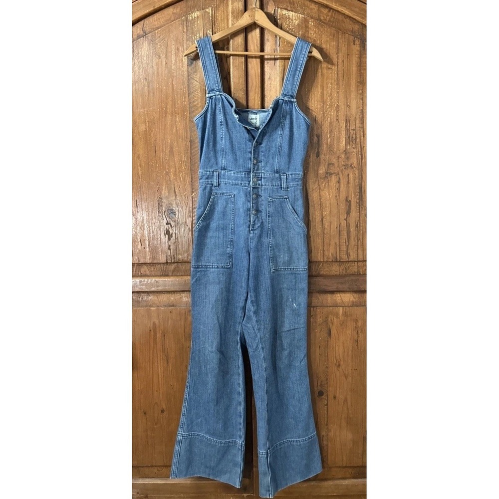 Aerie Denim Button Front Kick Flare Jean Overalls Size Small Pockets CUTE